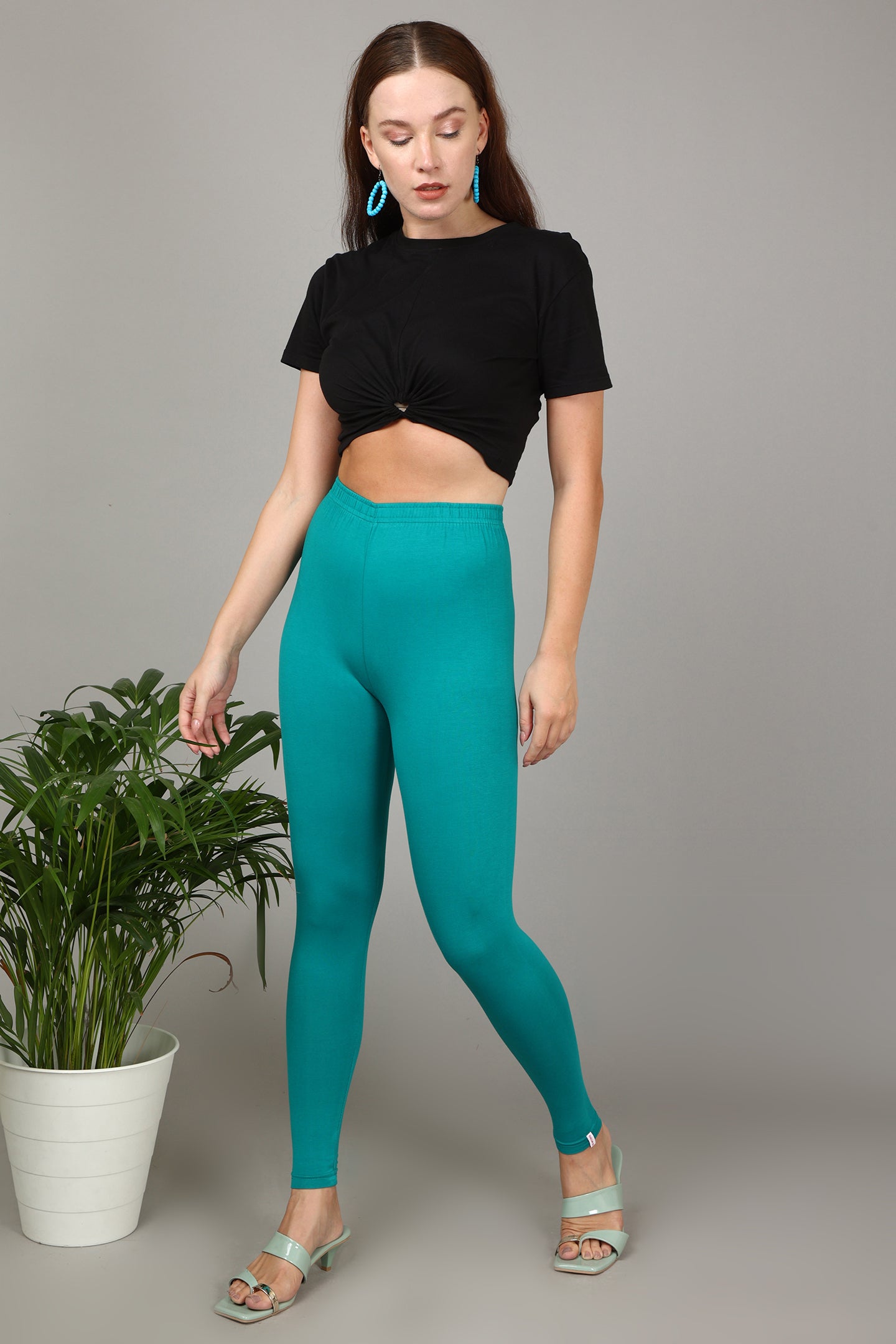 Women Cotton Lycra Solid Plus Size Ankle Length Leggings Turquoise (Rama  Green)