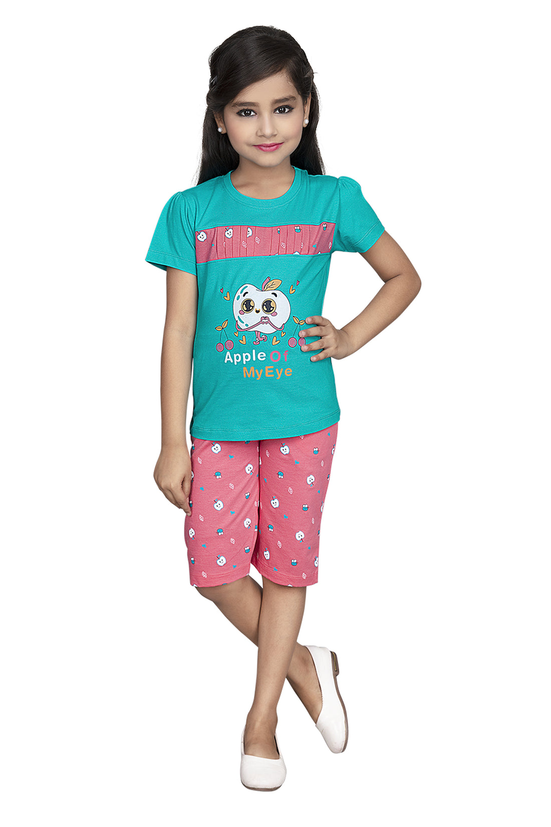 Girls Round Neck Tees  With 3/4 Pant Set - Aroma