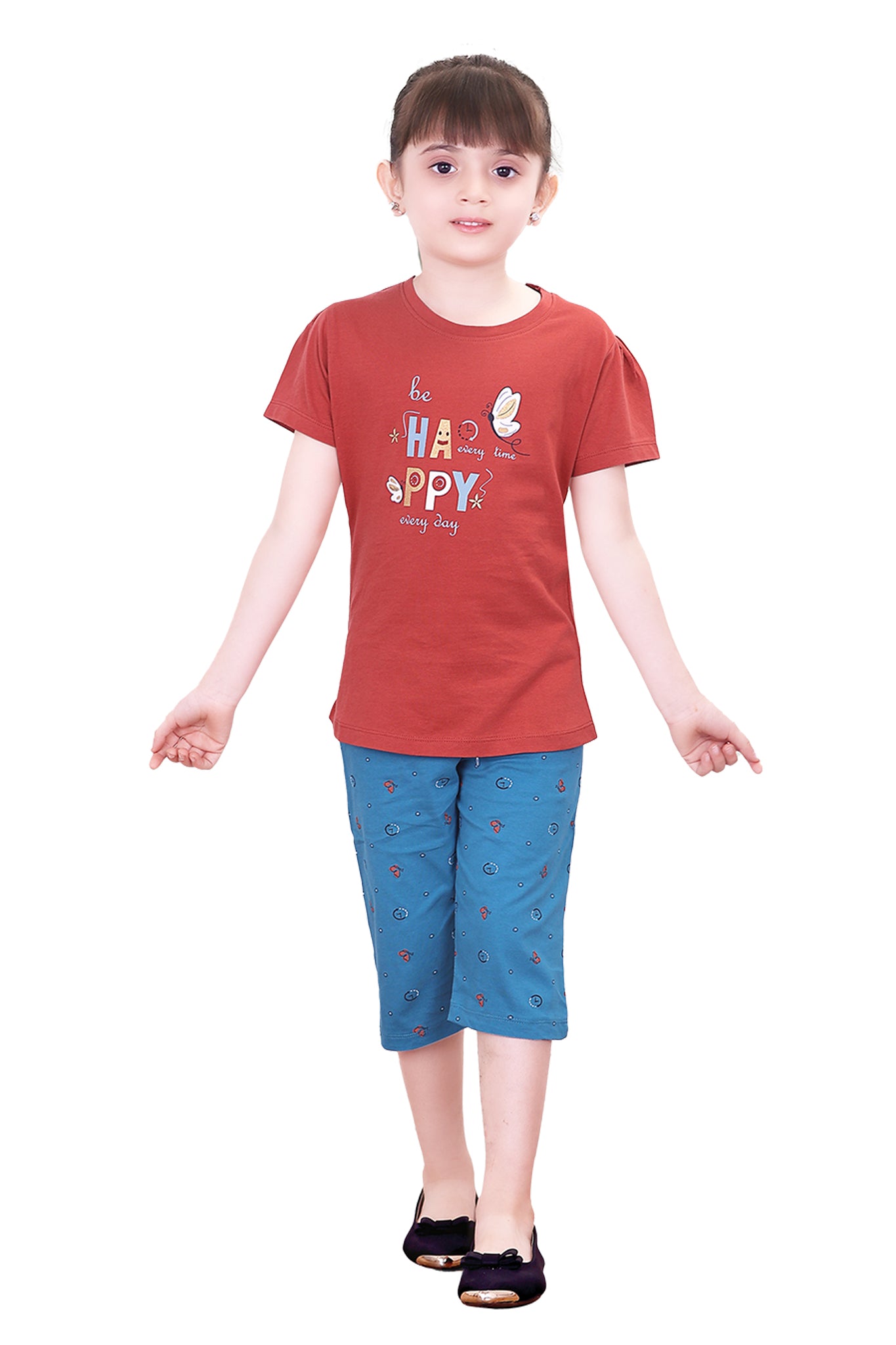 Girls Round Neck Tees  With 3/4 Pant Set - Cherry