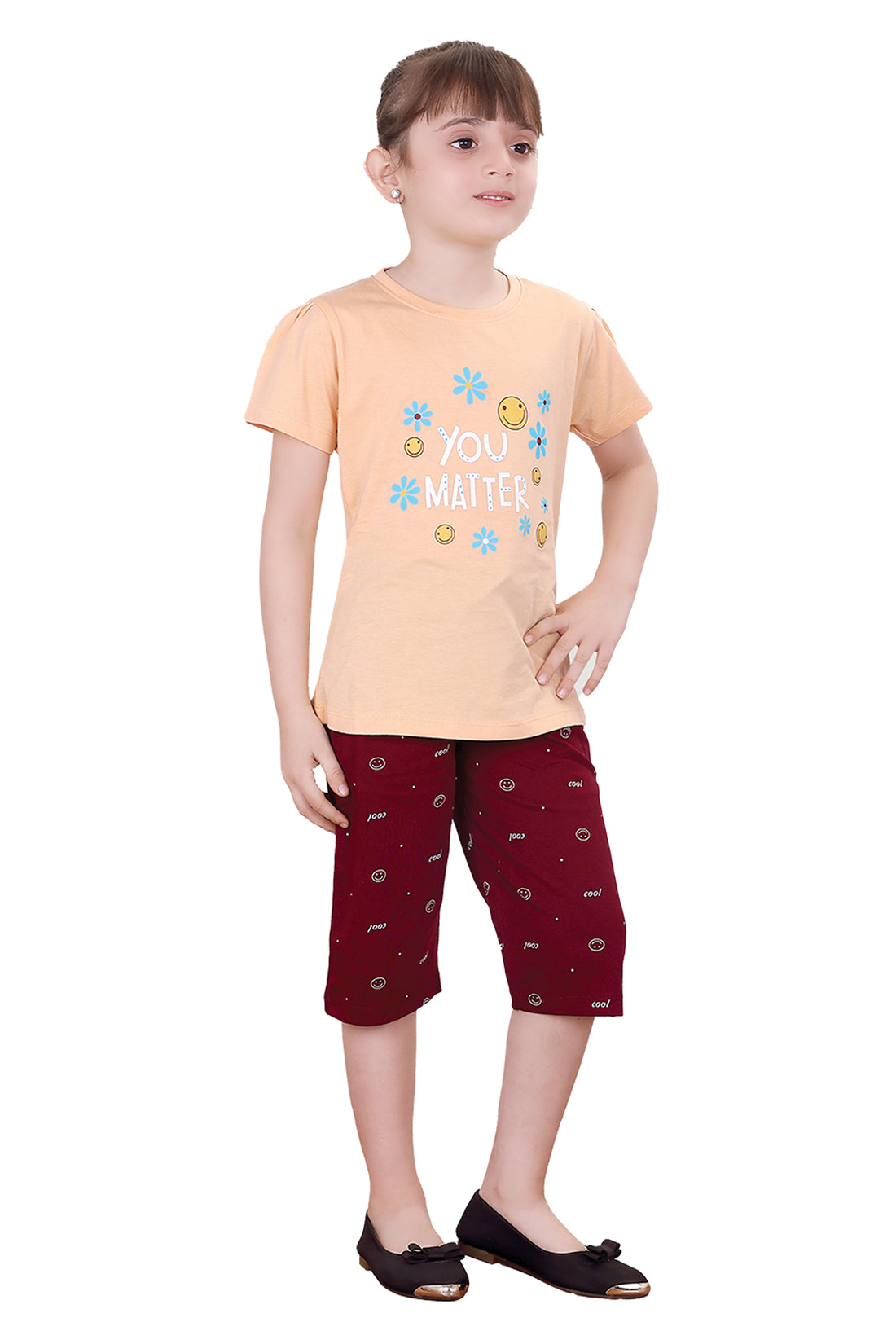 Girls Round Neck Tees  With 3/4 Pant Set - Cherry