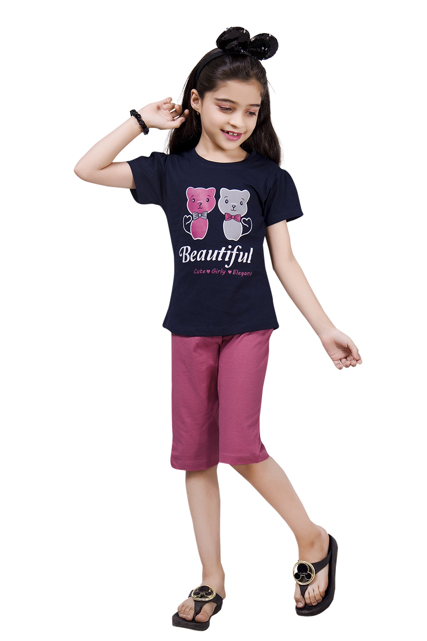 Girls Round Neck Tees  With 3/4 Pant Set - Linda