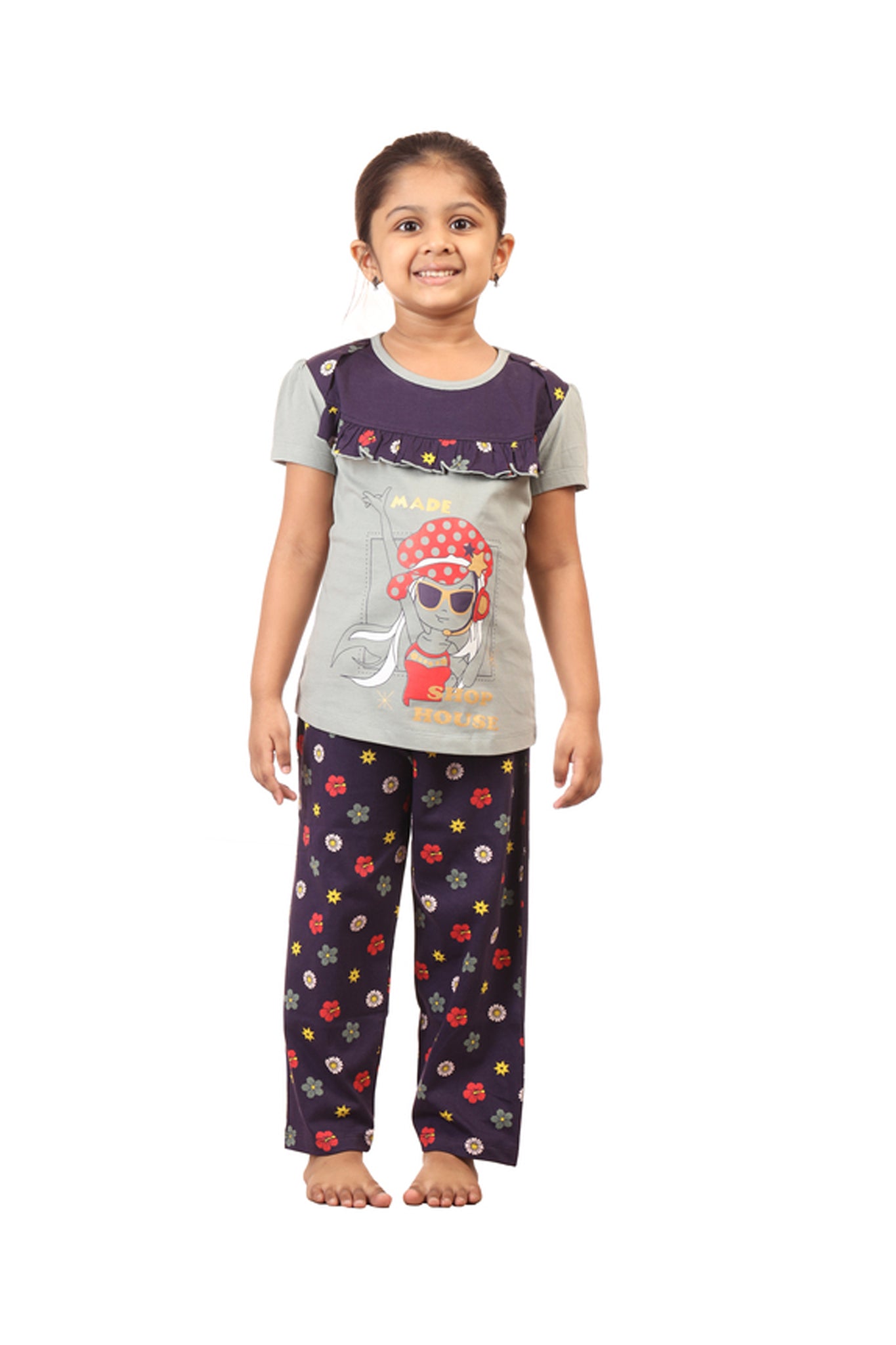 Selvas Girls Round Neck Tees With Aop Full Pant  - Daisy